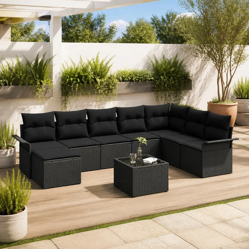 Modular Garden Sofa Set Black 9 Piece Removable Cushions Outdoor Furniture