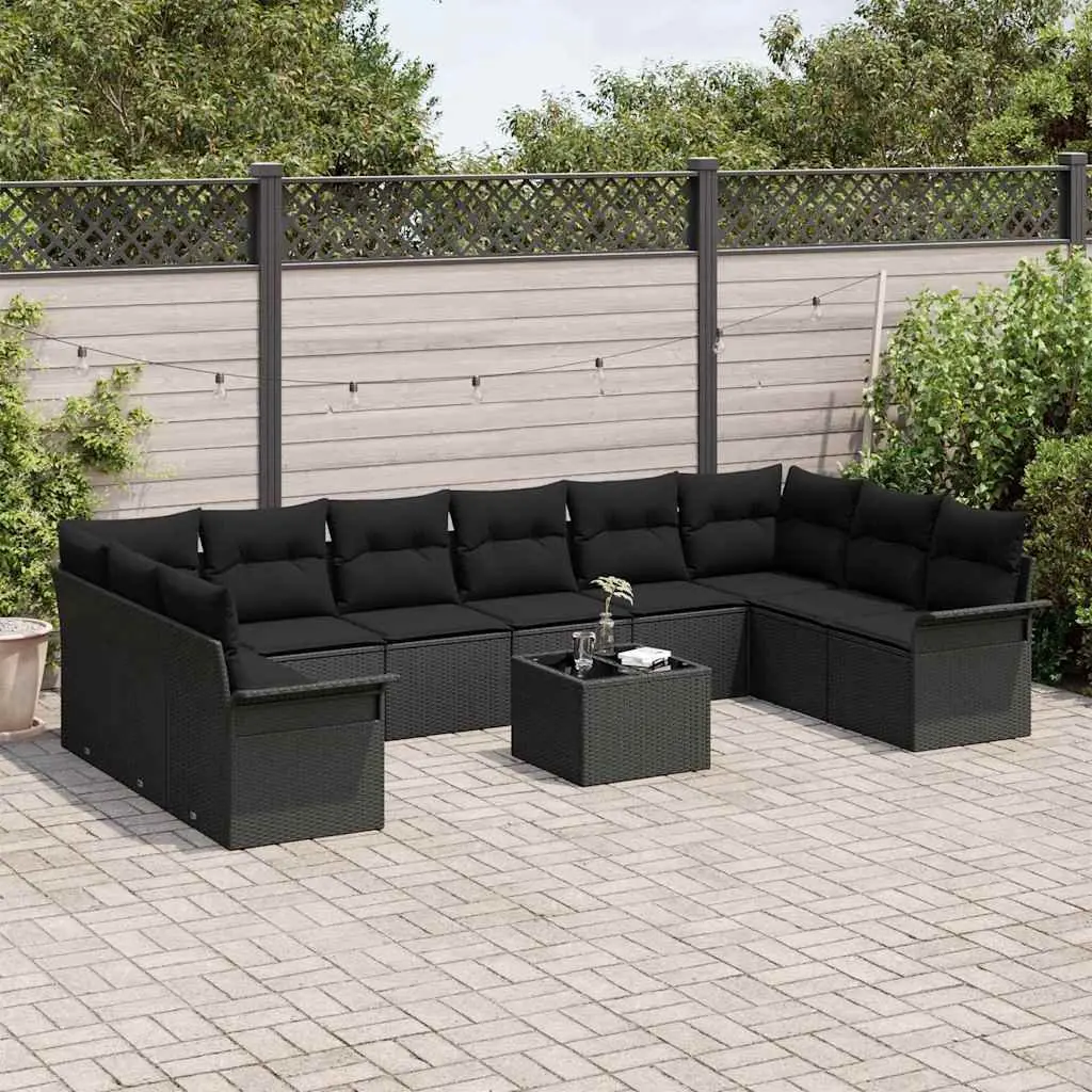 Modular Garden Sofa Set Black 11-Piece Poly Rattan Outdoor Furniture with Cushions