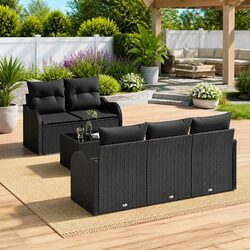Outdoor Modular Garden Sofa Set 6 pcs Black Poly Rattan Patio Lounge Seating