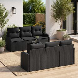 Garden Sofa Set 7 Pieces Modular Outdoor Seating Black Poly Rattan Steel Glass