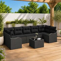 Outdoor Garden Sofa Set 8 Piece Modular Black Poly Rattan Steel Glass Table