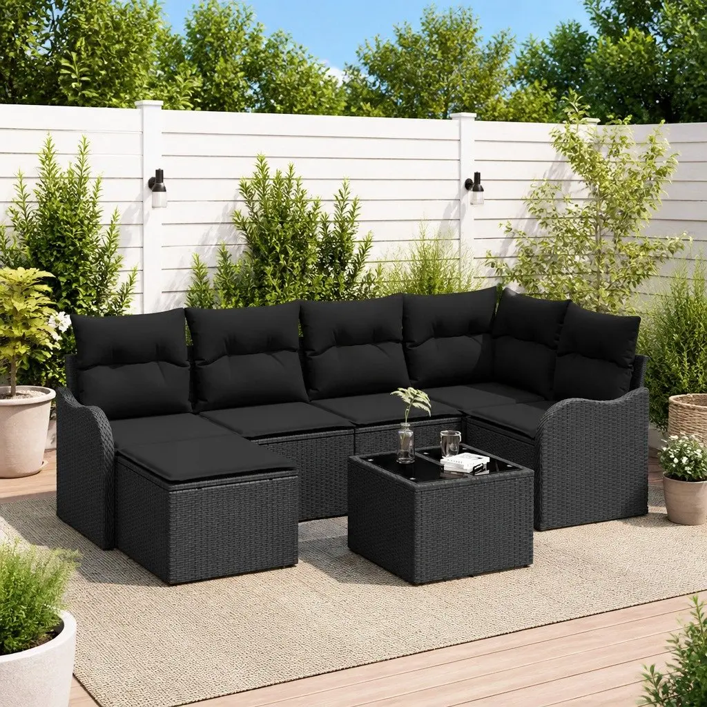Modular Garden Sofa Set Black 7 Piece Outdoor Furniture Poly Rattan Patio Couch