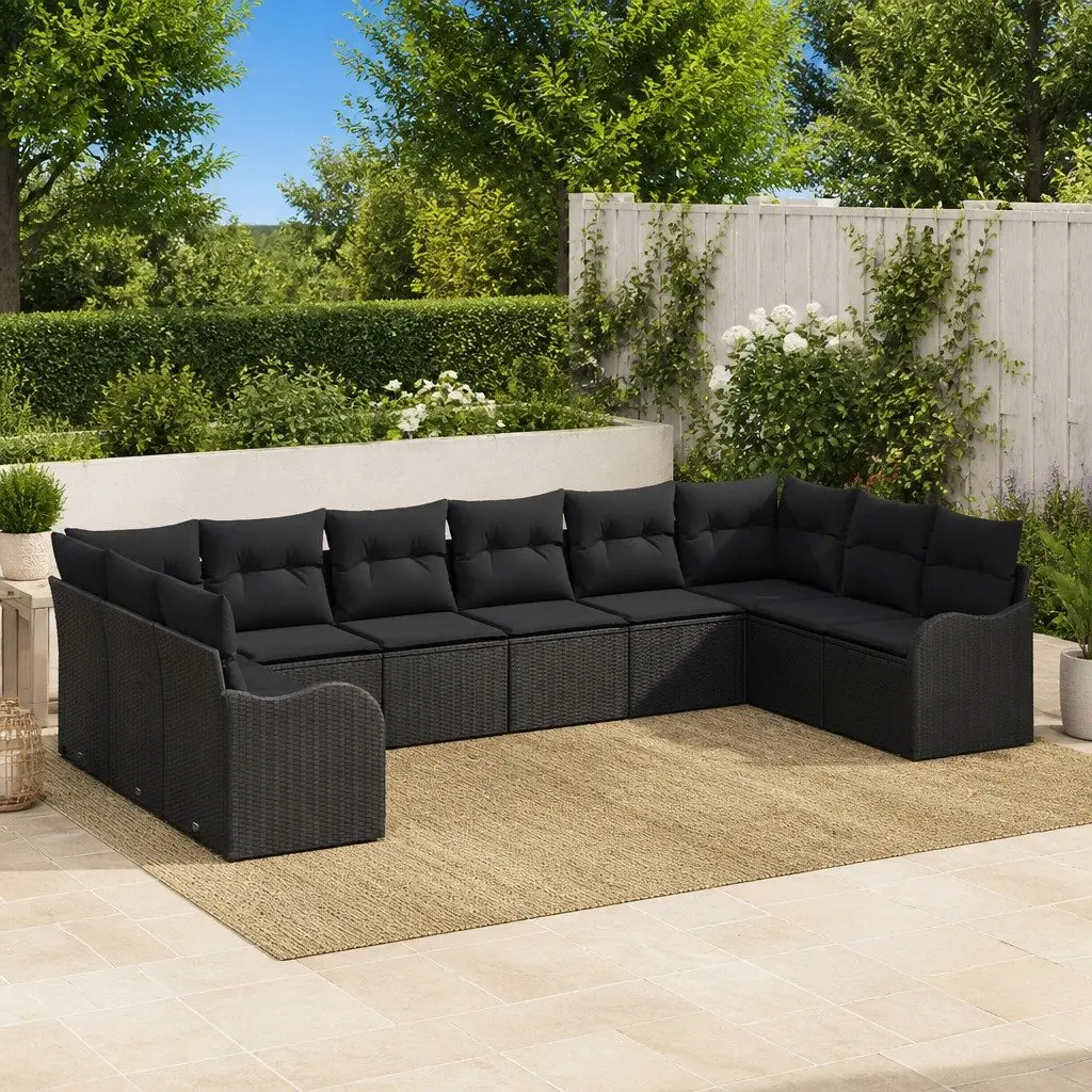 Modular Garden Sofa Set Black 10 Pieces Weather Resistant Poly Rattan with Storage