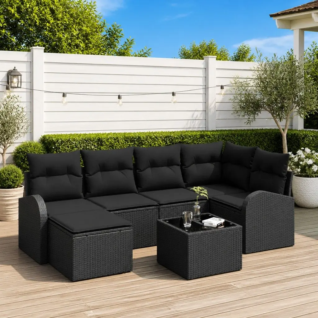Outdoor Sofa Set Black 7 Piece Modular Poly Rattan with Storage Cushions