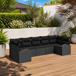 Concise 7-Piece Black Garden Sofa Set with Cushions