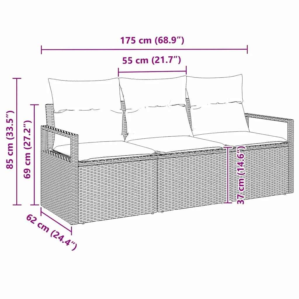 Outdoor Garden Sofa Set Grey 3 Piece Poly Rattan Patio Seating Lounge Furniture