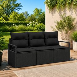 Outdoor Garden Sofa Set 3 Piece Black Poly Rattan with Cushions Patio Furniture
