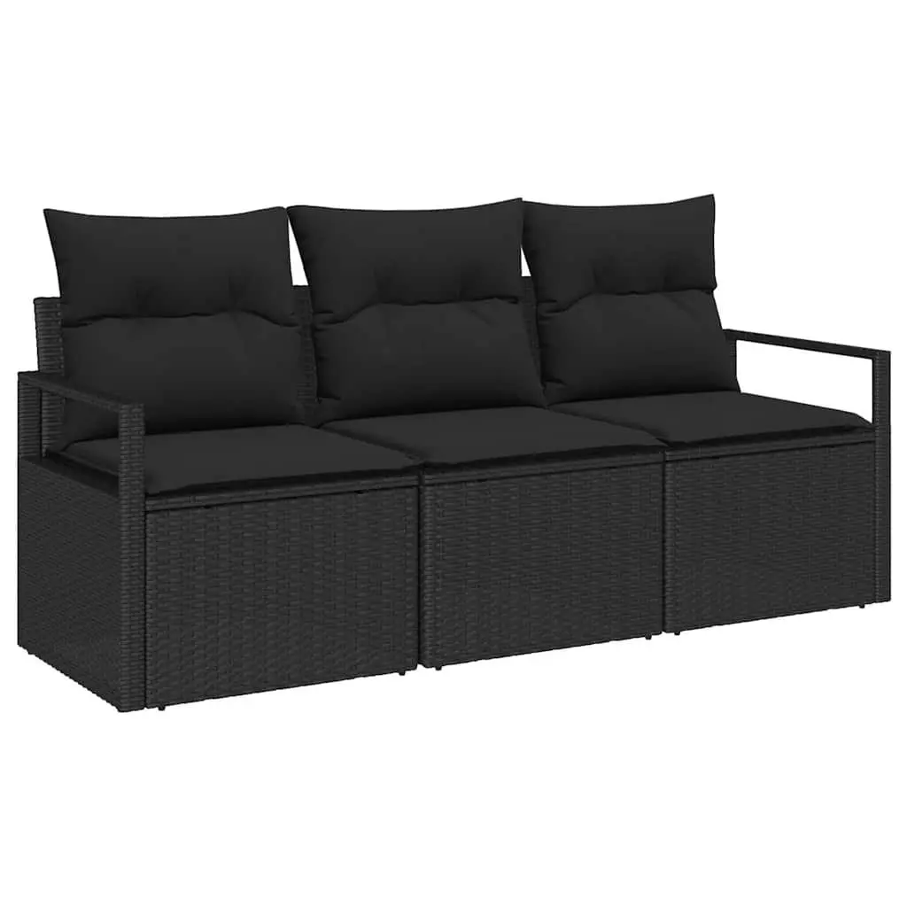 Outdoor Garden Sofa Set Black 3 Piece Poly Rattan Cushions