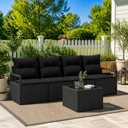 Outdoor Sofa Set 5 Piece Black Poly Rattan Garden Furniture with Storage Benches