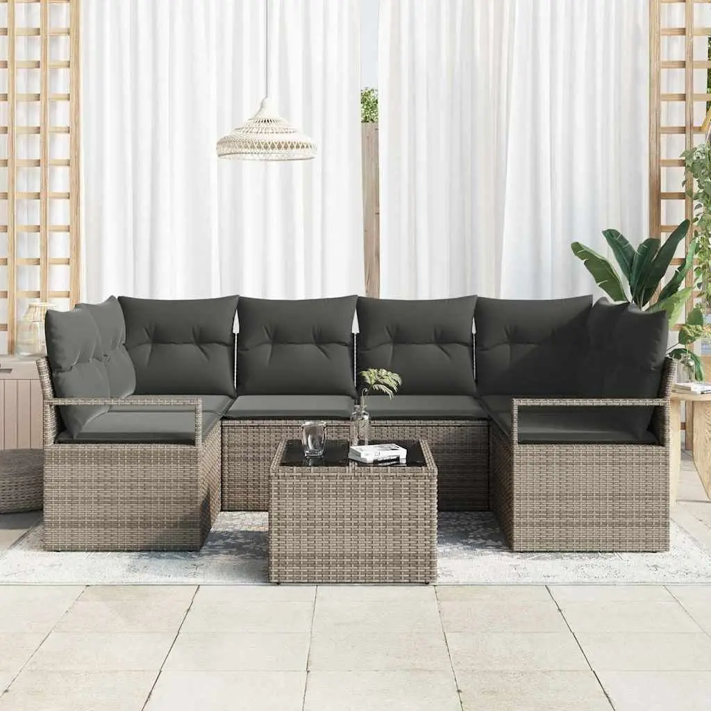 Modular Garden Sofa Set Grey 7 Pieces Weather-Resistant Poly Rattan Steel Glass Outdoor