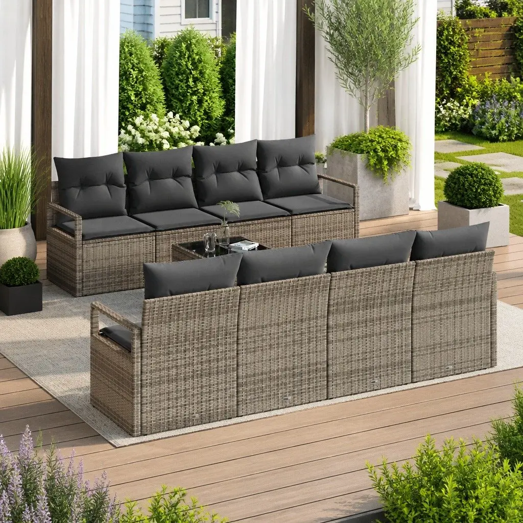 Modular Garden Sofa Set Grey 9 Pieces Poly Rattan Outdoor Patio Seating with Glass Table