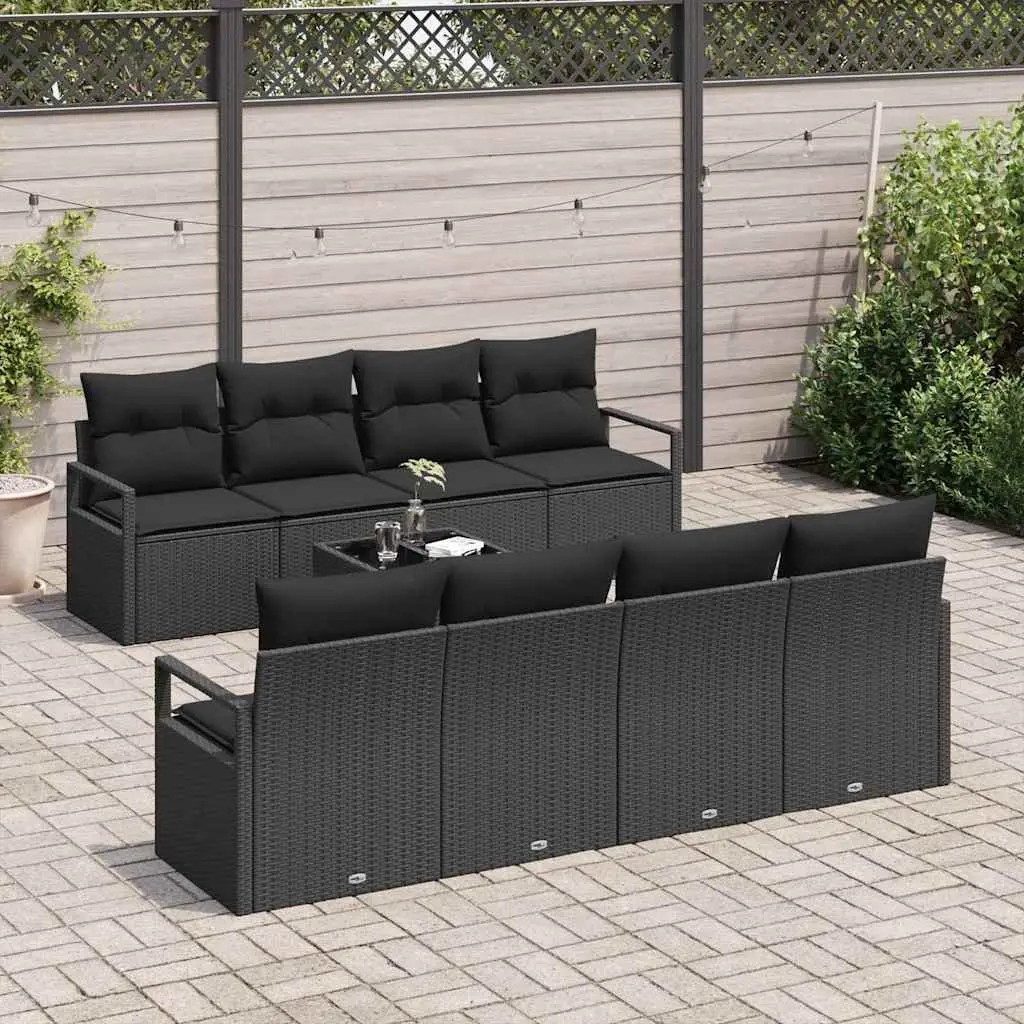 9 Piece Modular Garden Sofa Set Black Rattan Rectangular Layout with Centre Table