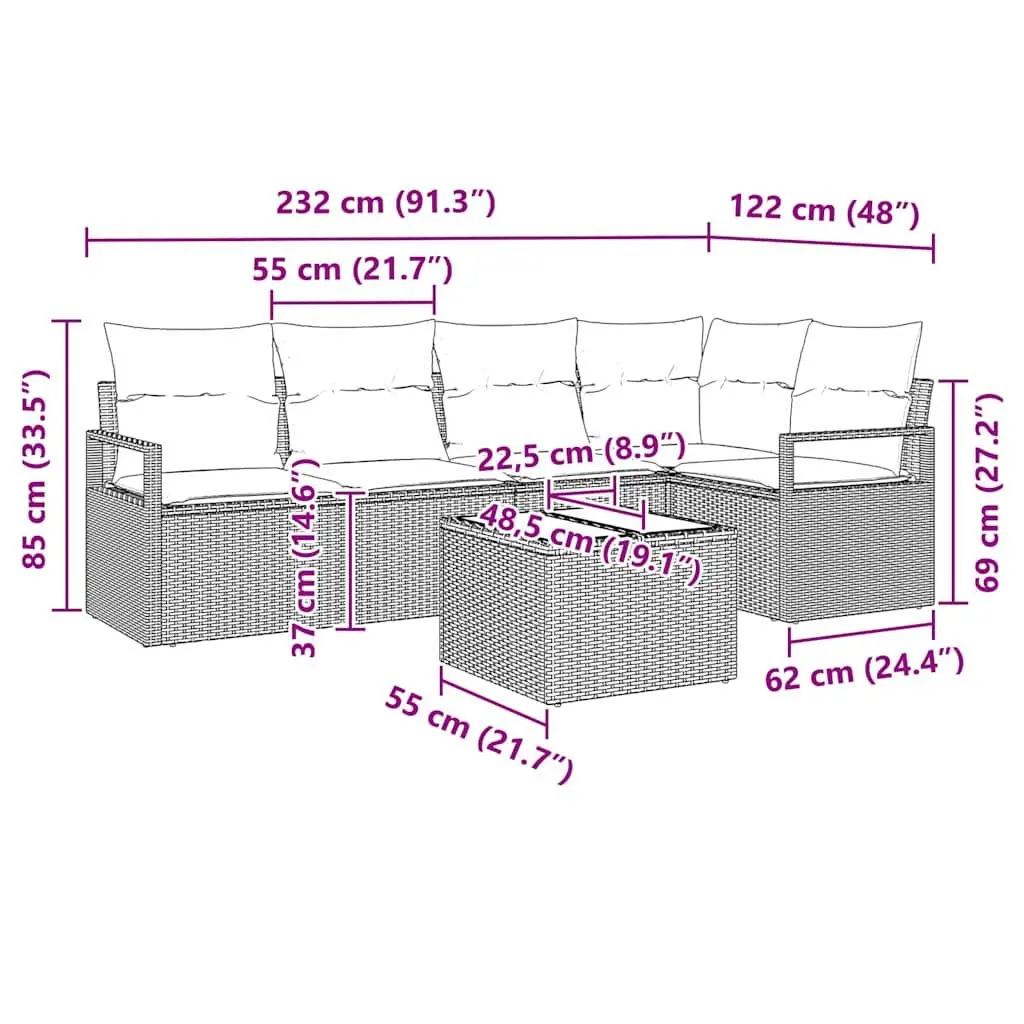 Modular Garden Sofa Set Black 6 Piece Poly Rattan Cushioned Seating