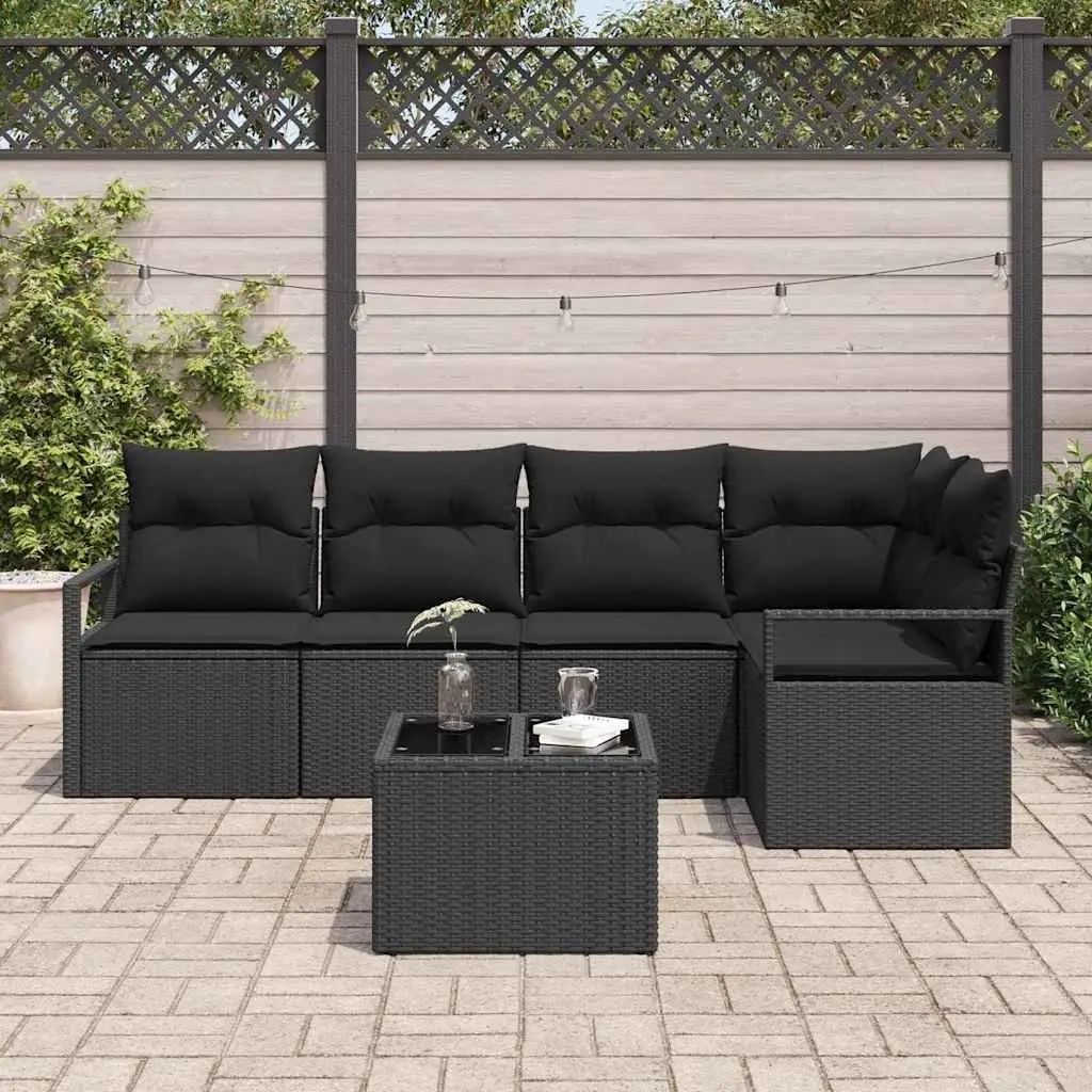 Modular Garden Sofa Set Black 6 Piece Poly Rattan Cushioned Seating