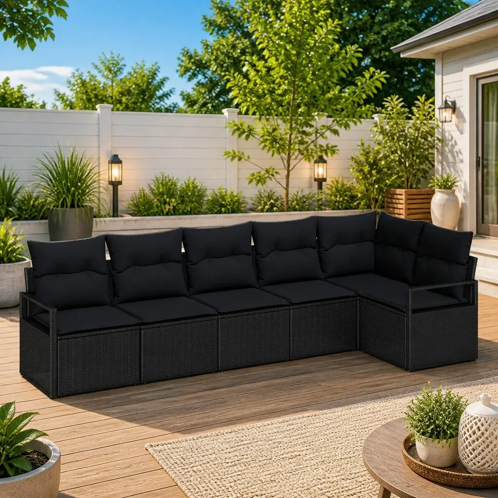 Outdoor Sofa Set Black 6 Piece Modular Poly Rattan Lounge Seating