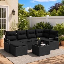 Outdoor Sofa Set 7 Pcs Black Poly Rattan Modular Seating Storage Cushions
