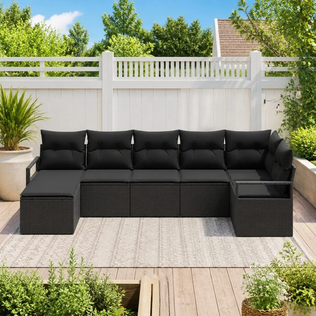 Outdoor Sofa Set Black 7 Piece Modular Garden Furniture with Woven Texture and Hidden Storage