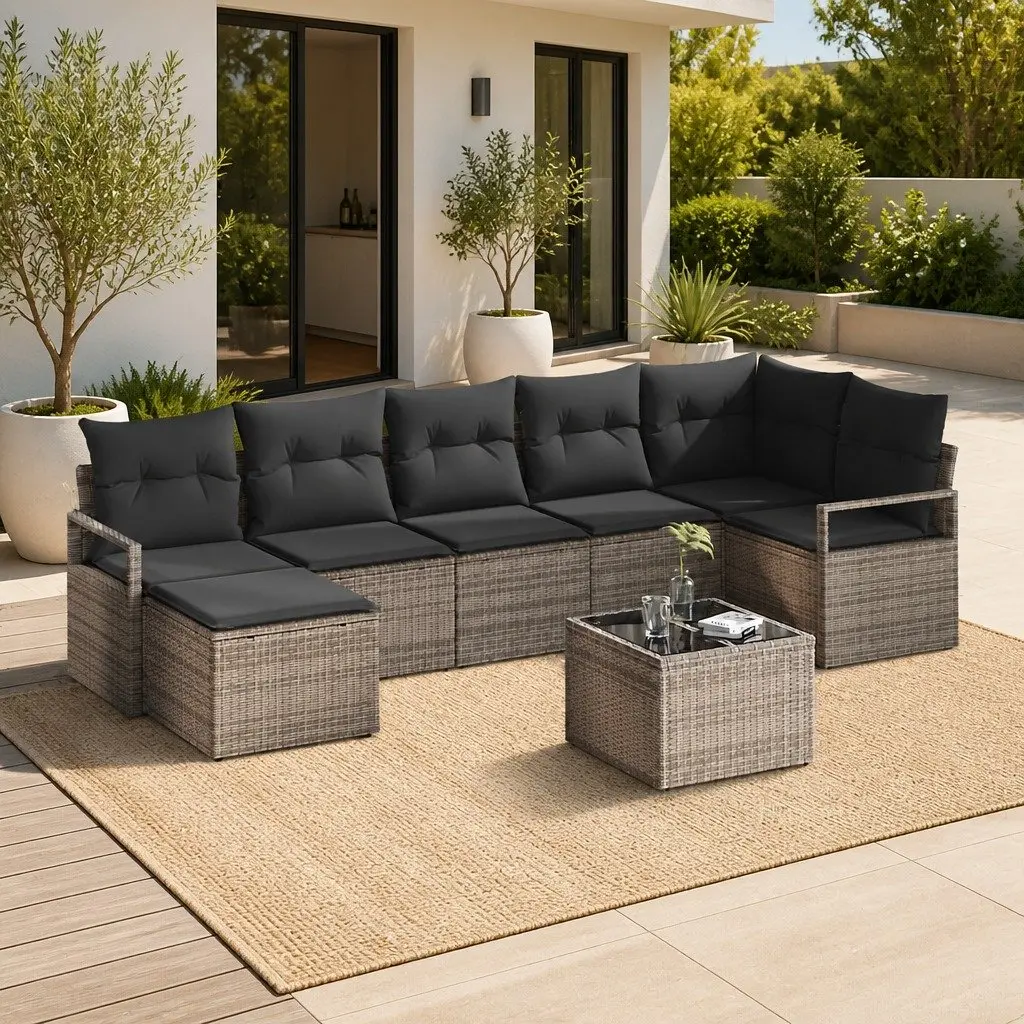Outdoor Sofa Set Light Grey 8 Pieces Modular Poly Rattan Garden Seating with Storage