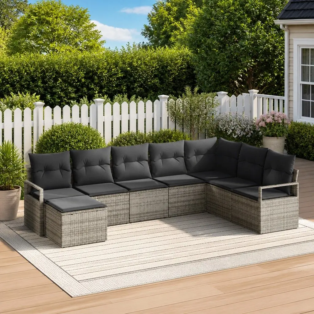 Outdoor Sofa Set 8 Pieces Grey Poly Rattan Modular Garden Seating with Storage