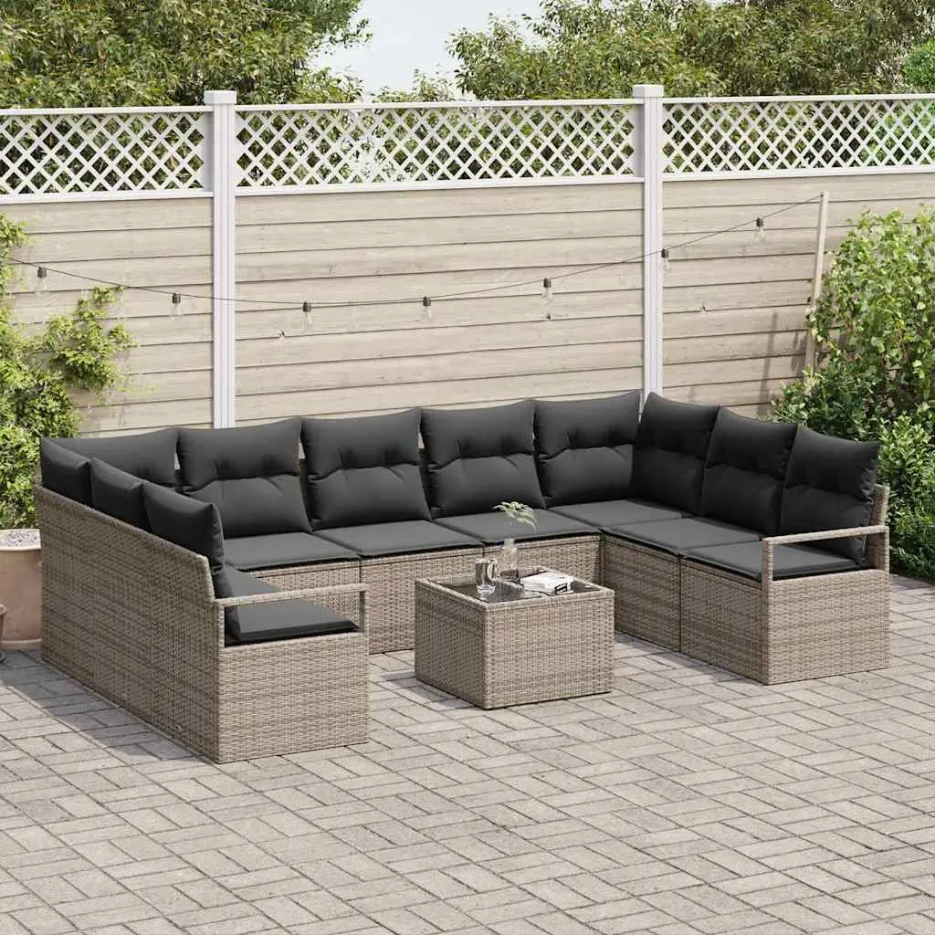 Outdoor Garden Sofa Set Light Grey 10 Pieces Poly Rattan Weather-Resistant with Cushions