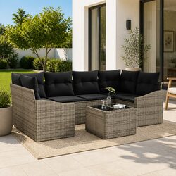Outdoor Sofa Set Modular Garden Furniture 7 Pieces Grey Poly Rattan with Storage
