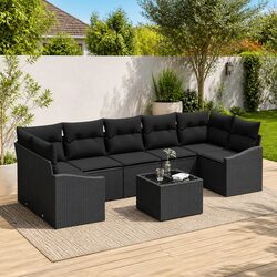 Outdoor Sofa Set 8pcs Black Poly Rattan Garden Seating with Cushions Storage