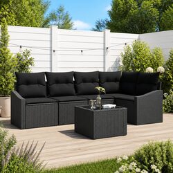 Outdoor Garden Sofa Set 6 Pieces Black Poly Rattan Seating with Cushions