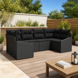 Outdoor Sofa Set 6 Piece Modular Garden Seating Black Poly Rattan Acacia Wood