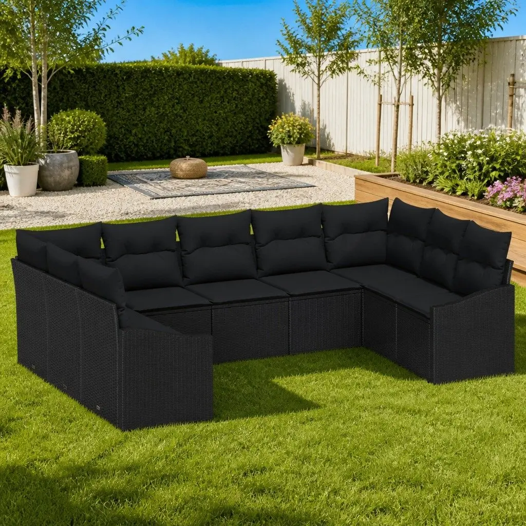 9 Piece Modular Garden Sofa Set Black Poly Rattan Weather Resistant with Storage