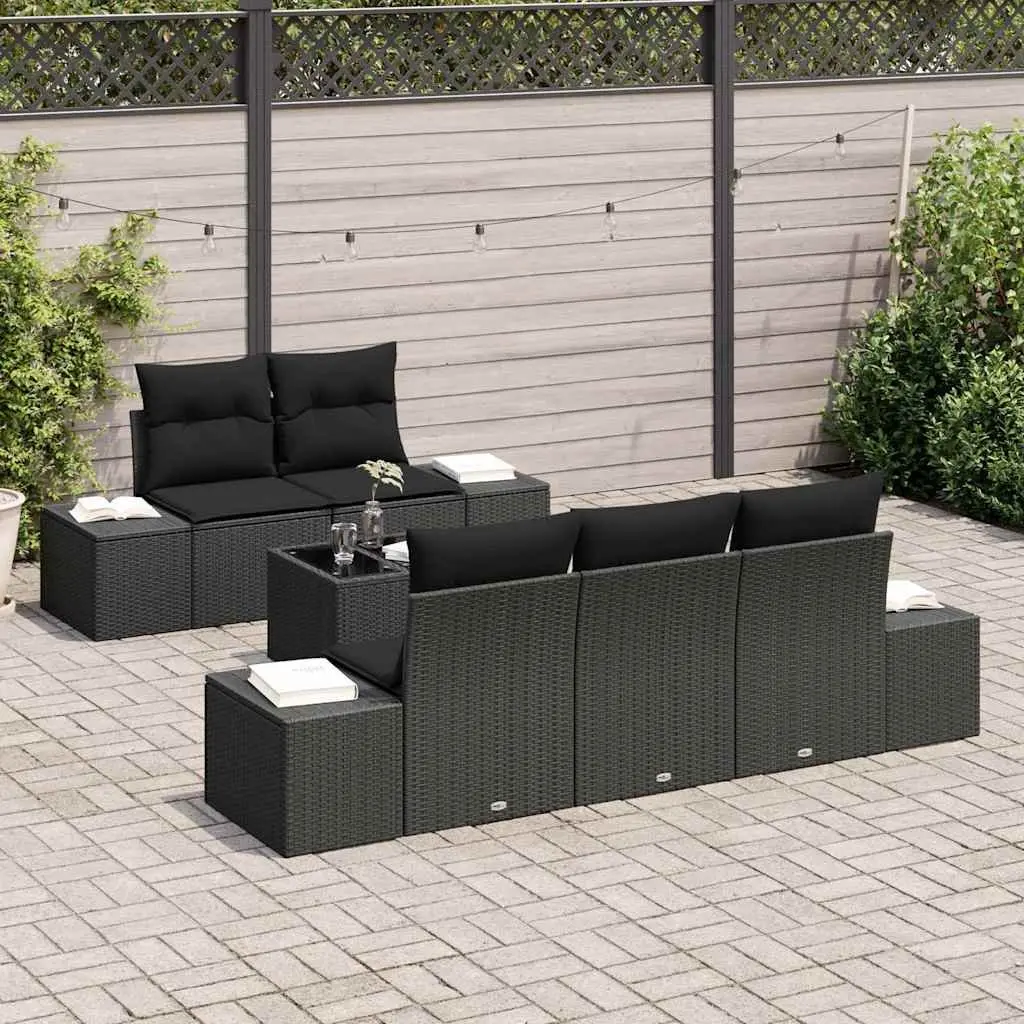 Garden Sofa Set Black 6 Piece Poly Rattan Outdoor Furniture with Cushions