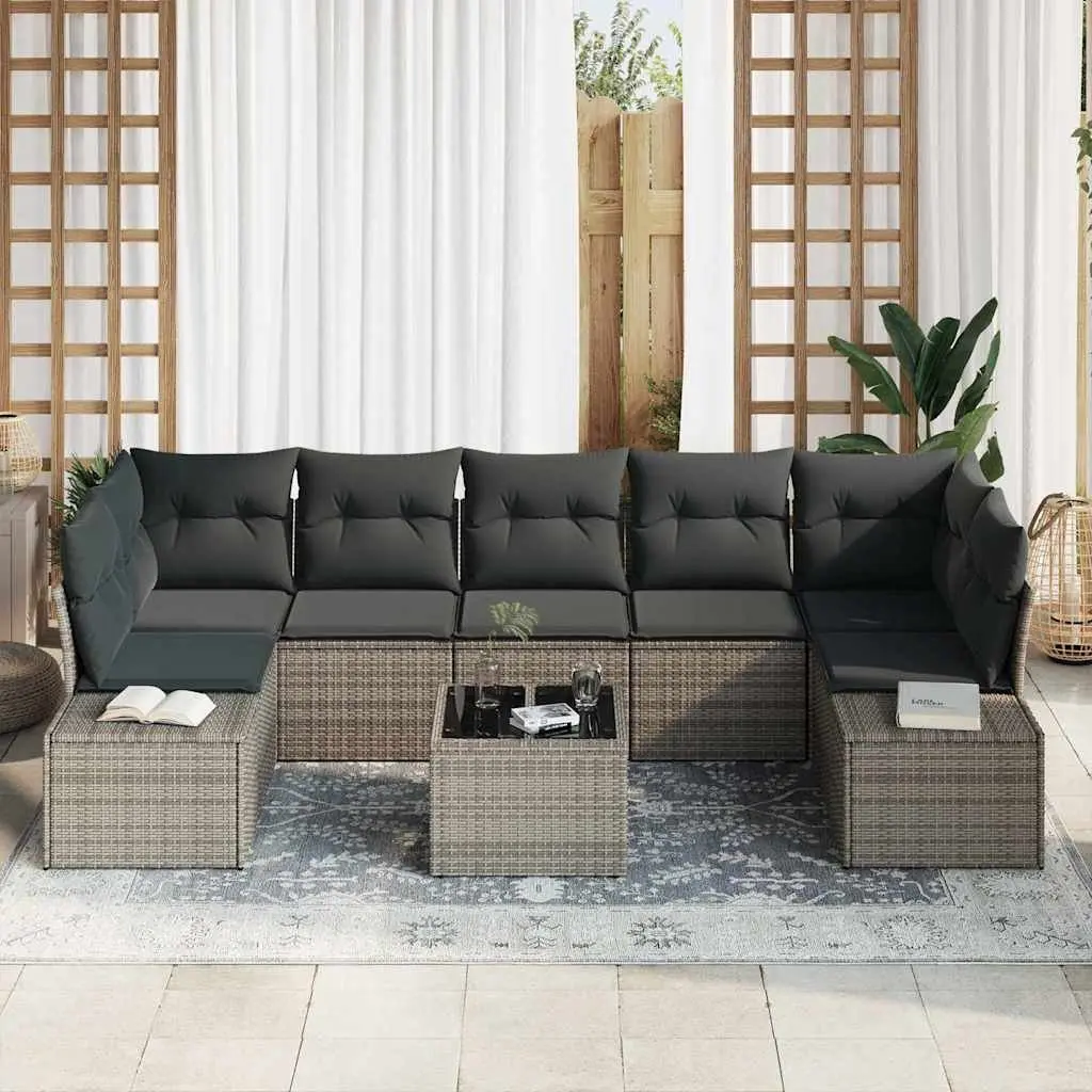 Modular Outdoor Furniture Grey Poly Rattan Garden Sofa Set 8 Piece with Adjustable Glass Top Table and Storage Compartments