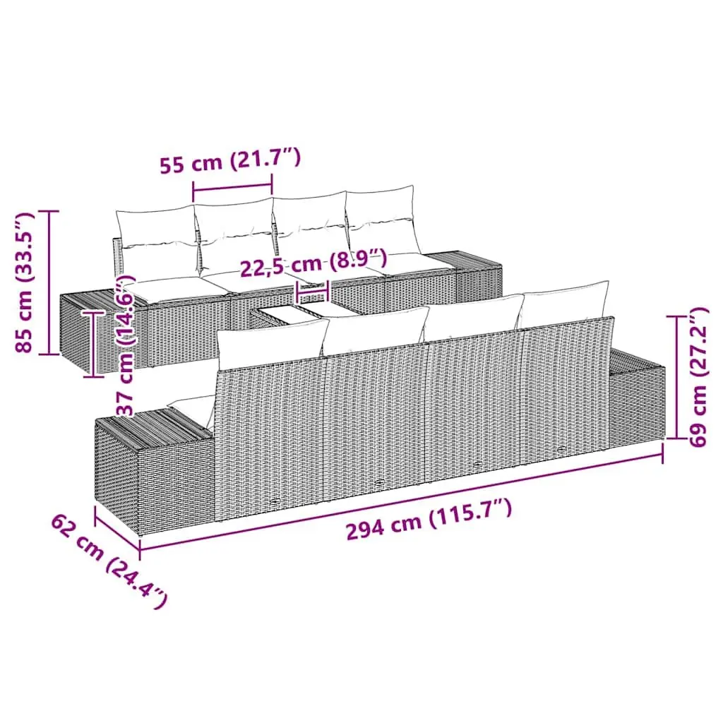 Outdoor Sofa Set Black 8 Piece Poly Rattan Adjustable Backrest Hidden Storage Glass Top Coffee Table