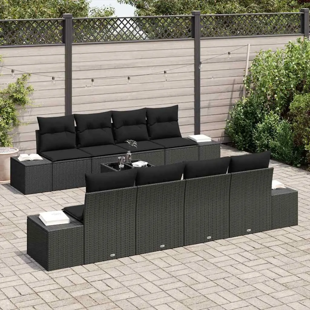 Outdoor Sofa Set Black 8 Piece Poly Rattan Adjustable Backrest Hidden Storage Glass Top Coffee Table