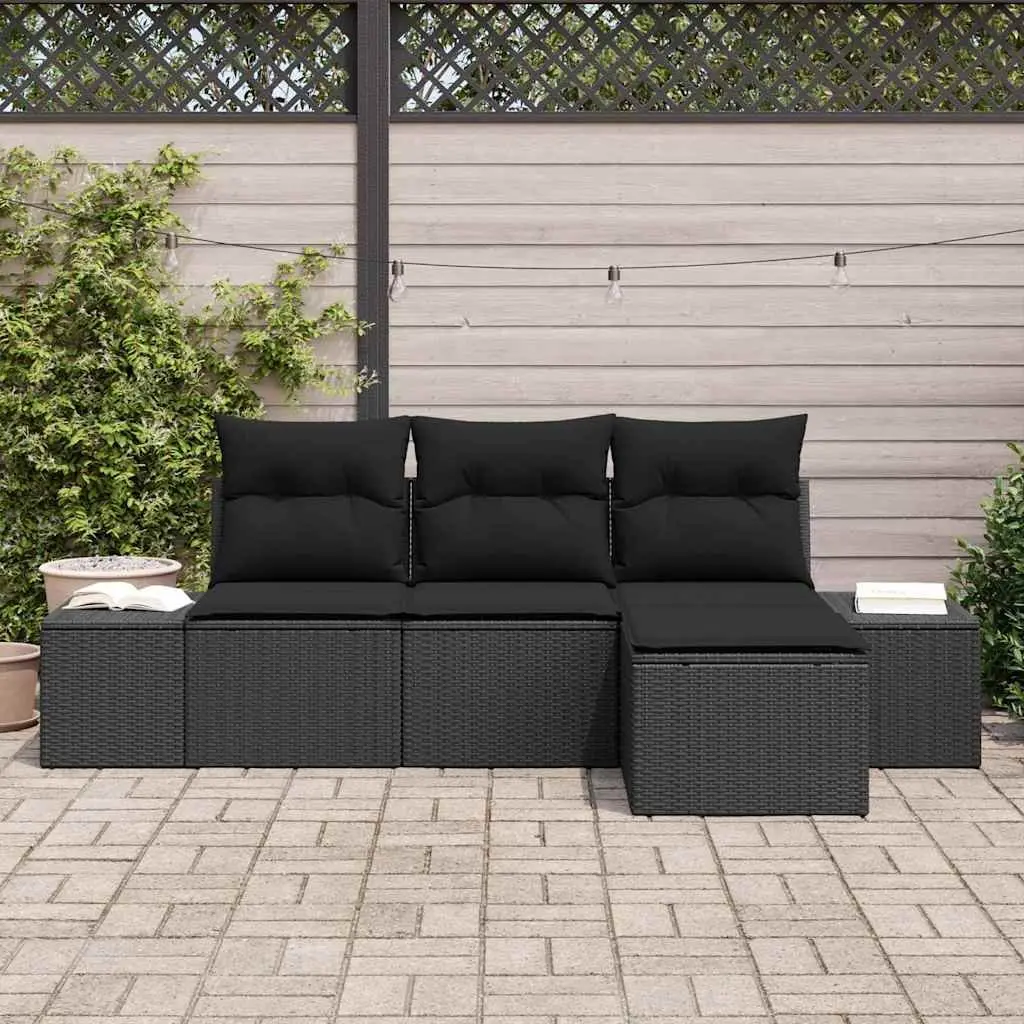 Garden Sofa Set Black 4 Pieces Modular Outdoor Furniture Weather-Resistant Rattan Seating