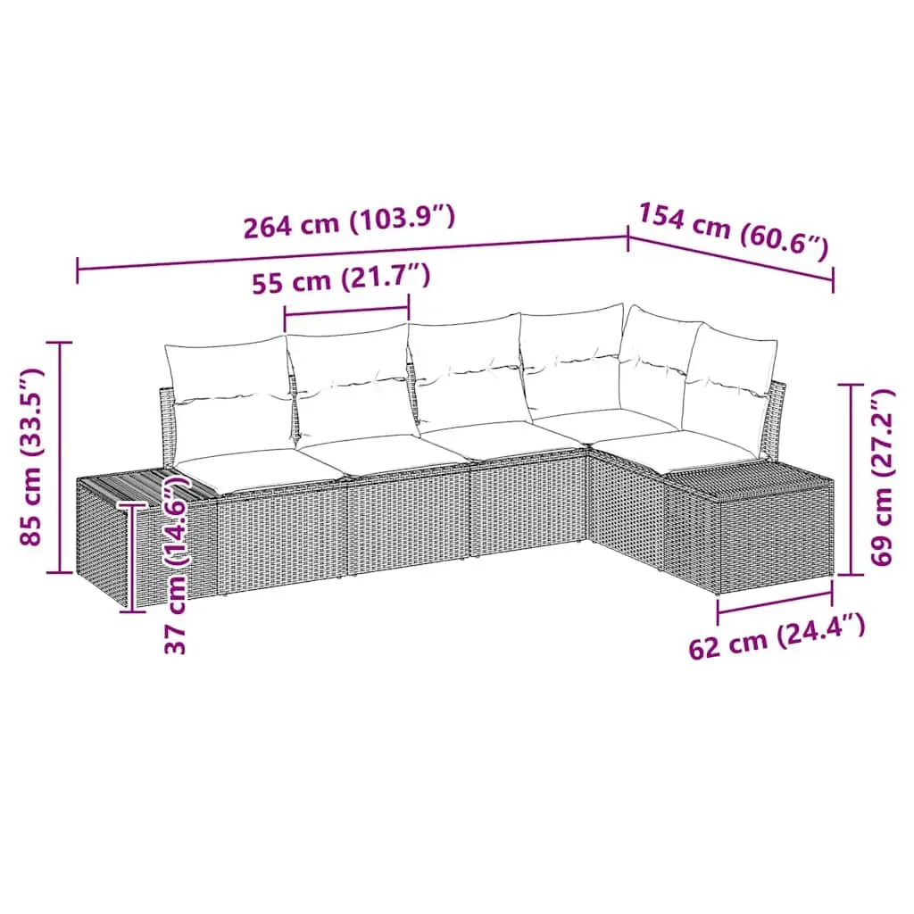 Outdoor Garden Sofa Set 5 Piece Modular Grey Lounge Patio Furniture with Storage