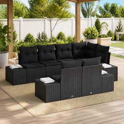 Outdoor Modular Garden Sofa Set 7 Pieces Black Poly Rattan Patio Seating Storage