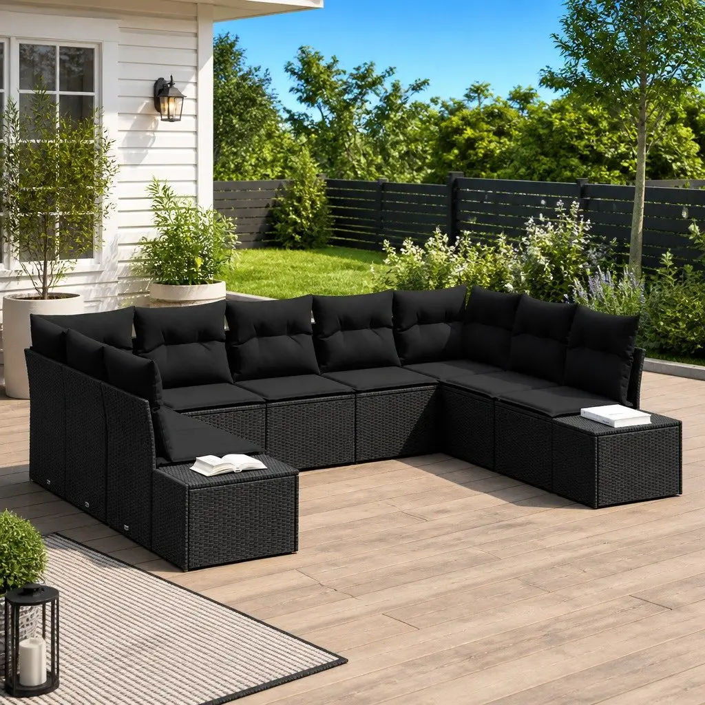 Outdoor Garden Sofa Set Black 9 Piece Modular Poly Rattan Lounge Seating