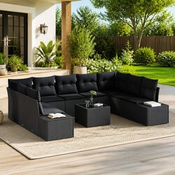 Outdoor Modular Garden Sofa Set 9 Pieces Black Poly Rattan with Cushions
