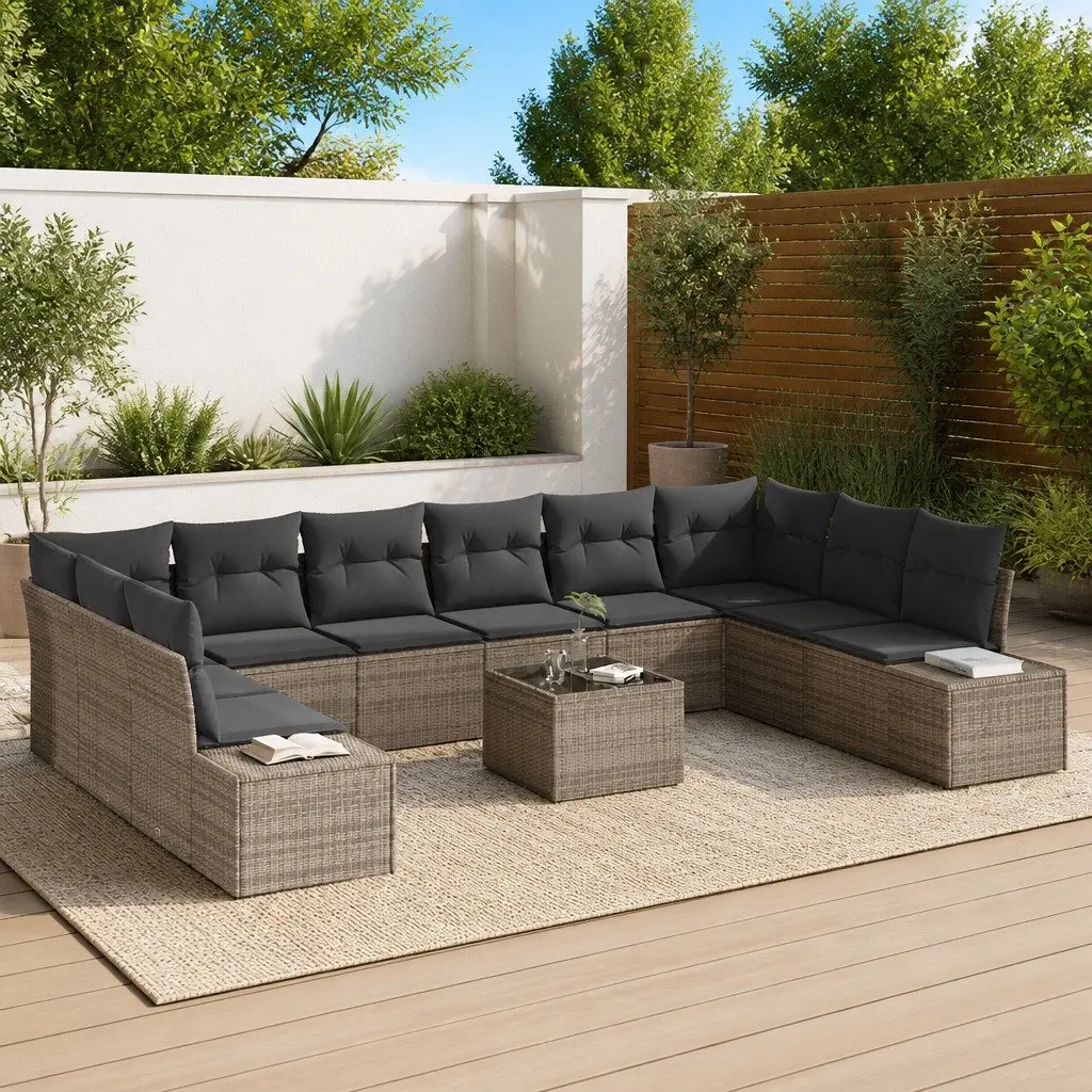 Modular Garden Sofa Set Grey 10 Pieces Poly Rattan Outdoor Seating with Cushions