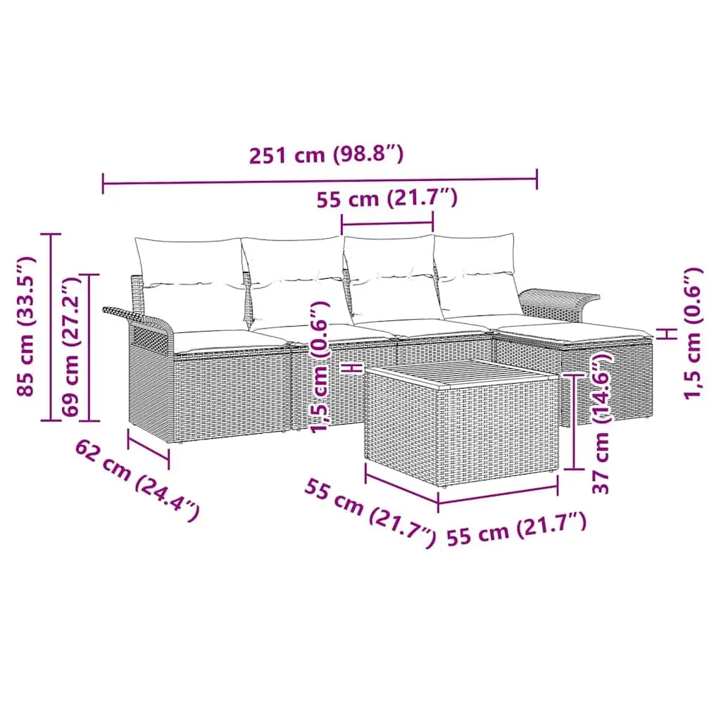 Outdoor Garden Sofa Set 6 Pieces Modular Poly Rattan Patio Seating Grey