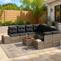 Garden Sofa Set 9 Piece Modular Outdoor Furniture Grey Poly Rattan with Storage