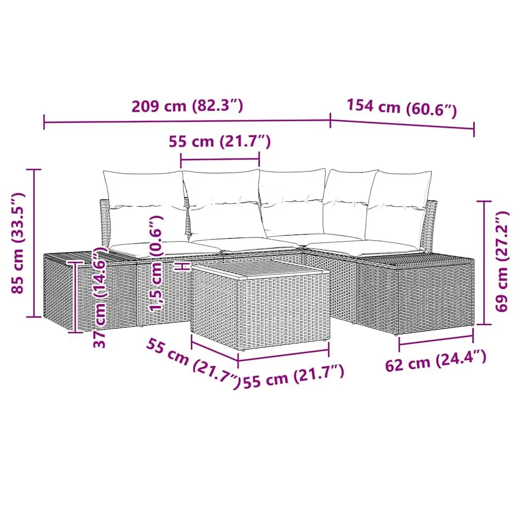 Garden Sofa Set Grey 5 Pieces Modular Poly Rattan with Storage