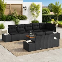 Outdoor Sofa Set 9 Pieces Garden Furniture Black PE Rattan Storage Seats Table