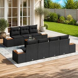 Compact 8-Piece Black Rattan Sofa Set for Gardens