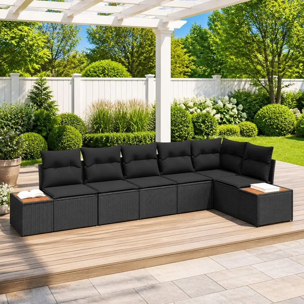 Modular Garden Sofa Set Black 6 Pieces Outdoor Lounge Seating with Cushions