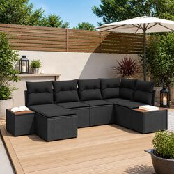 Outdoor Garden Sofa Set 7pcs Black Poly Rattan Modular Lounge Seating with