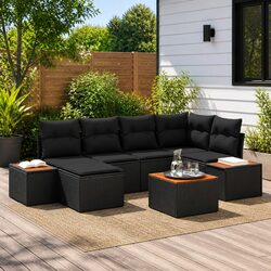 Outdoor Garden Sofa Set 7 Pieces Black Poly Rattan with Cushions Modular Lounge