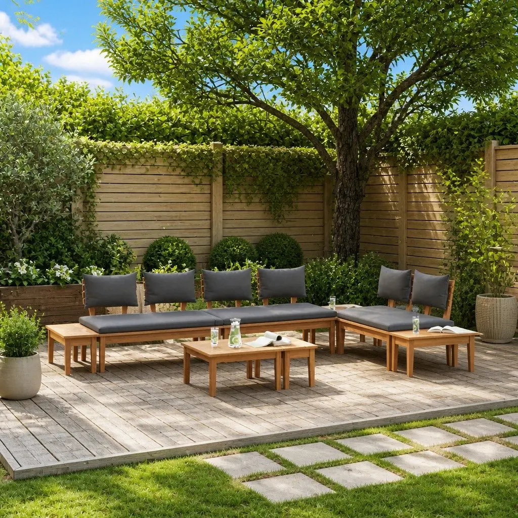 Garden Sofa Set Brown Grey 5 Pieces Modern Outdoor Furniture Lounge Seating