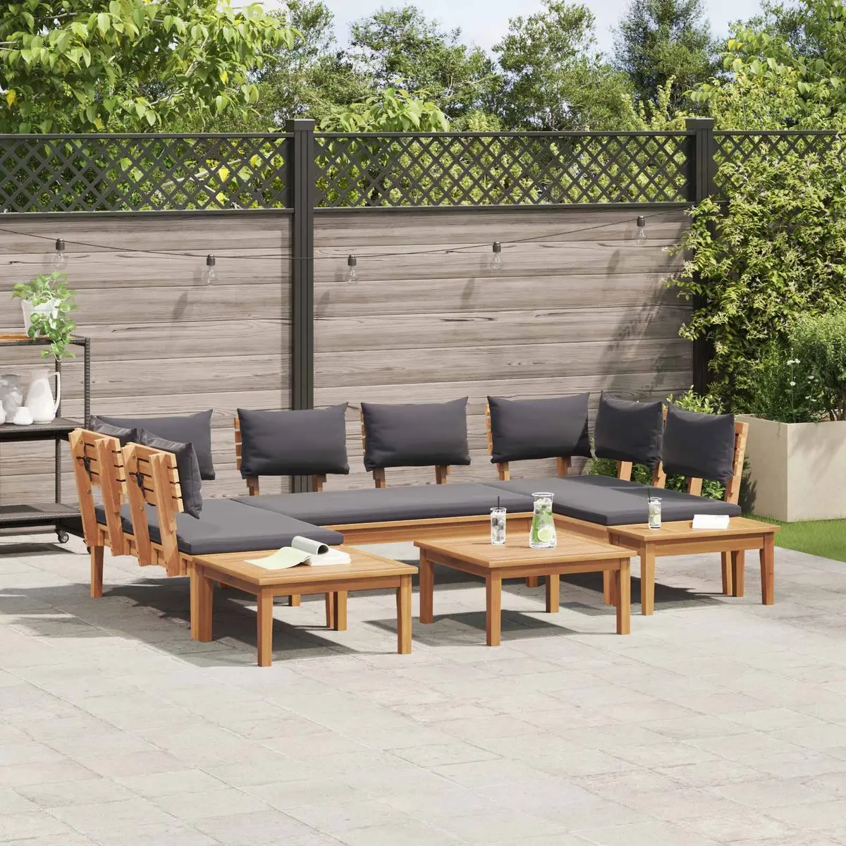 4 Piece Garden Sofa Set Brown Grey Foam Cushions Teak Frame Outdoor Seating
