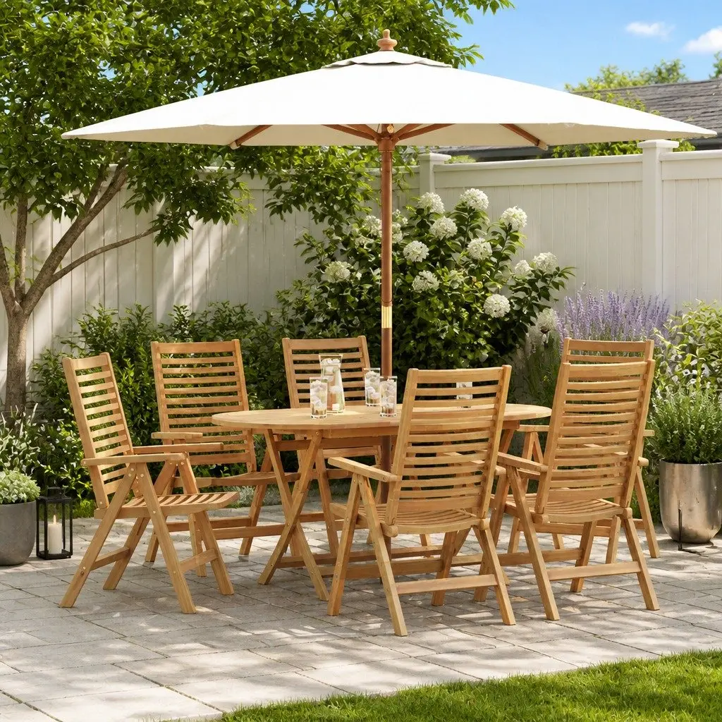 Garden Dining Set Brown 7 Piece Teak Wood Outdoor Furniture Table Chairs